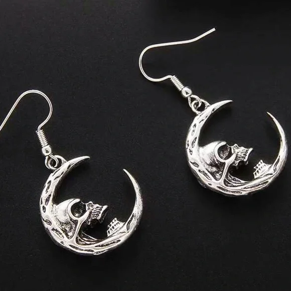 Silver Angry Crescent Moon Drop Earrings - Picture 3 of 5